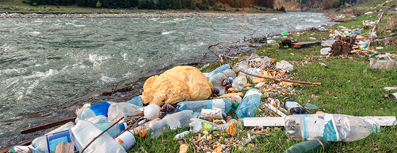 Bottiglie di plastica e rifiuti sulle rive di un fiume